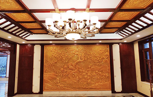 梁子湖中式别墅客厅中式木作横梁吊顶装饰展示